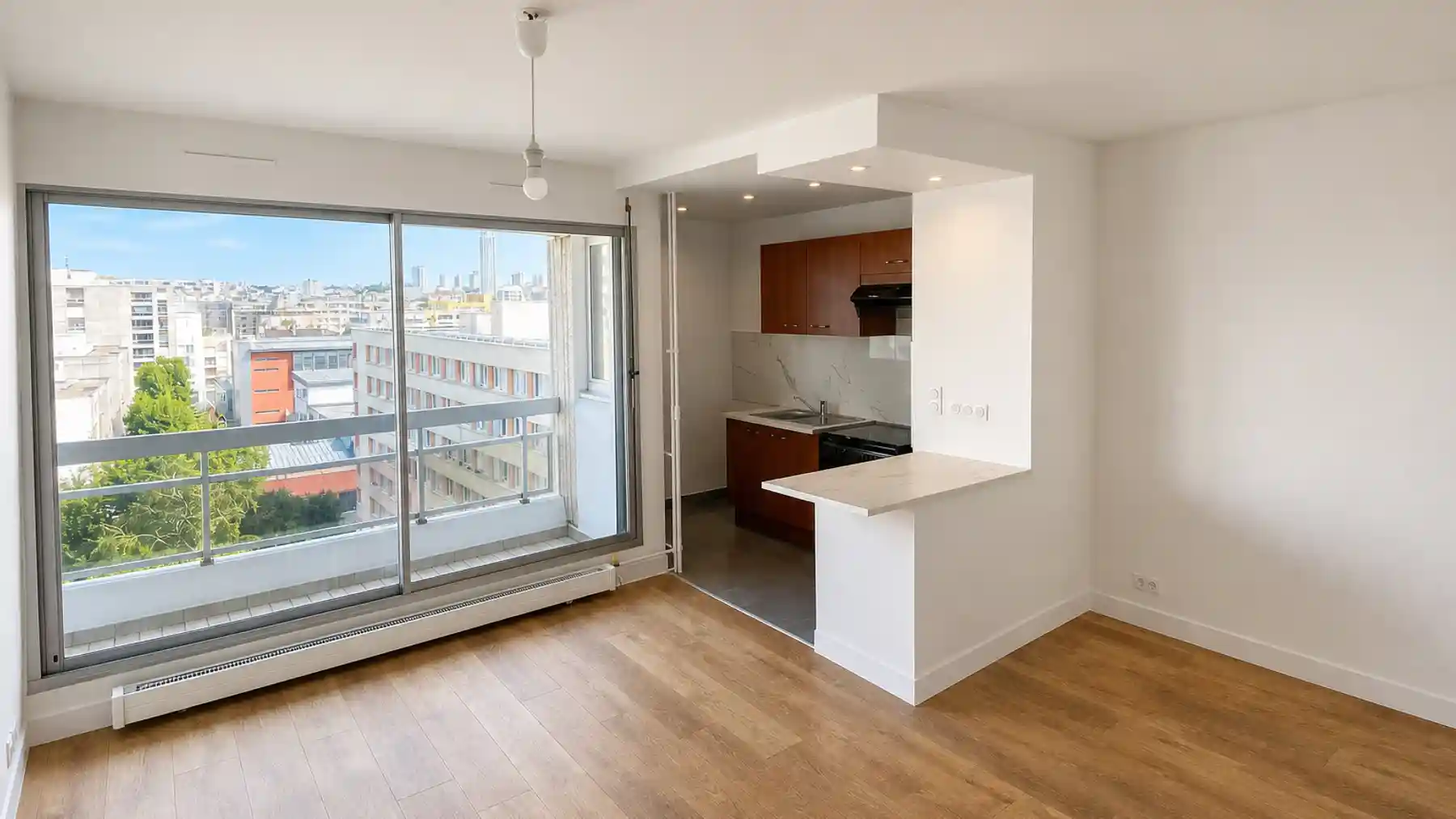 Séjour rénové livré, verrière d’atelier et parquet chêne