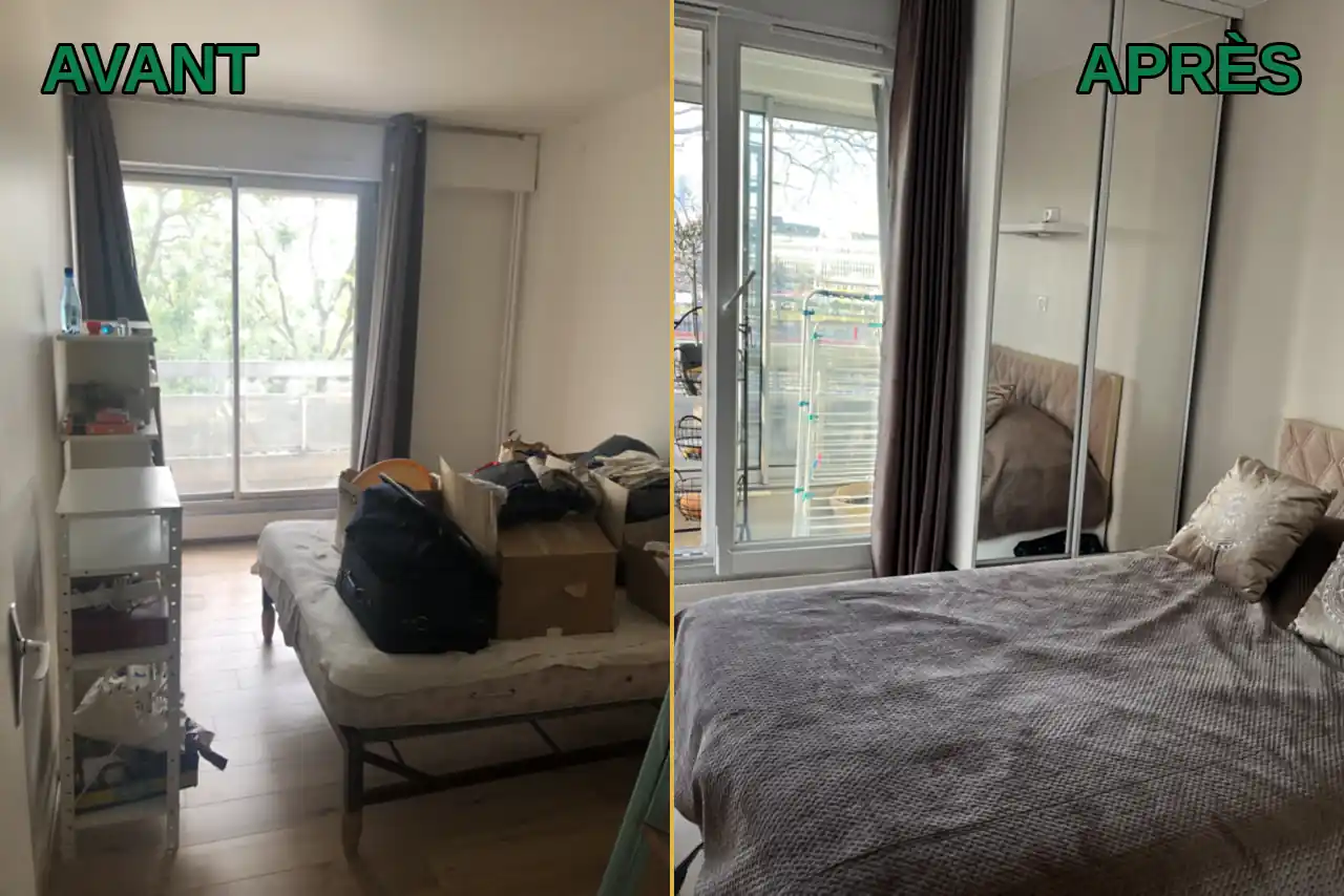 Chambre avant et après rénovation : étagères métalliques et cartons remplacés par un placard toute hauteur à portes miroir coulissantes, murs repeints en beige et lit à tête capitonnée