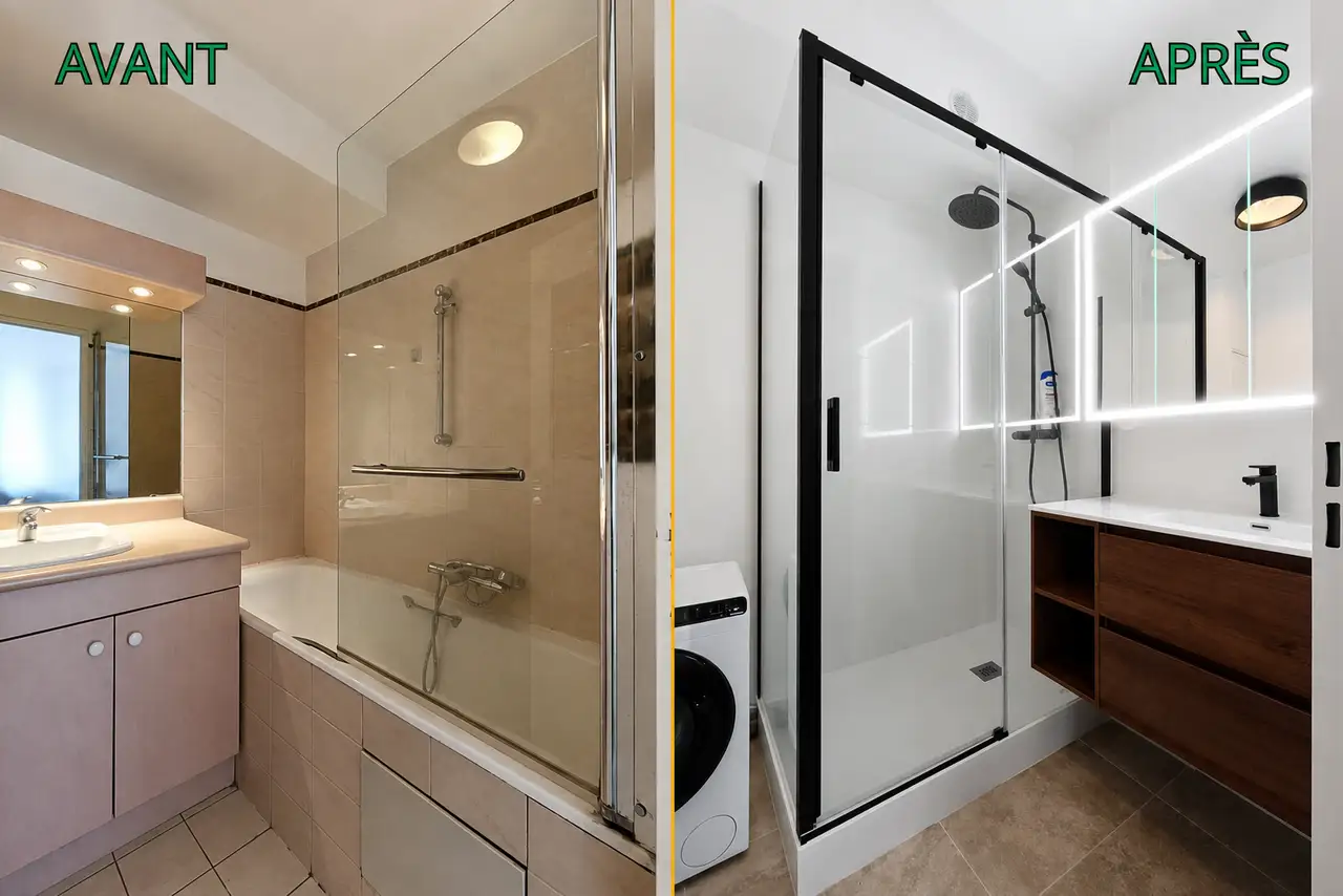 4 m² dans le 11ème : la baignoire partie, la pièce gagne une douche, un meuble et une place pour le lave-linge