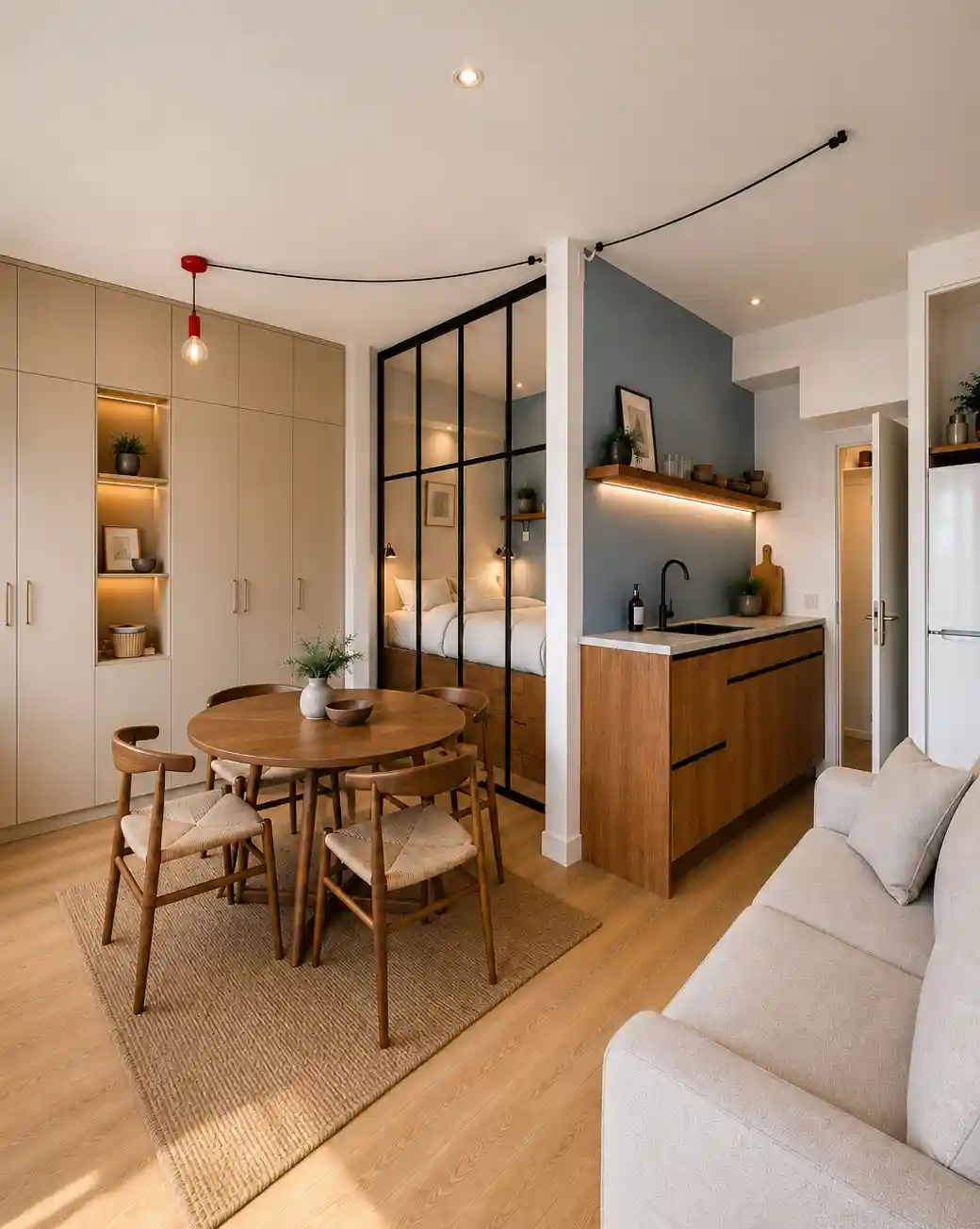 Studio rénové, cuisine en bois et verrière d'atelier sur la chambre