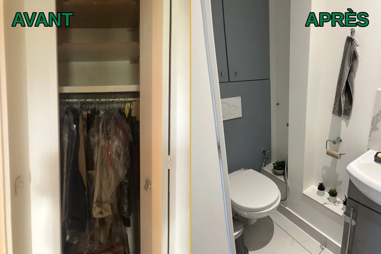 WC avant et après travaux : penderie de couloir transformée en toilettes avec cuvette suspendue, habillage gris toute hauteur, lave-mains et sol effet marbre