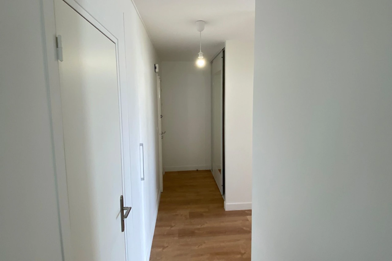 Couloir de distribution d'un appartement parisien rénové, blanc du plafond aux murs, portes lisses et plinthes neuves, suspension centrale et sol en lames de bois clair